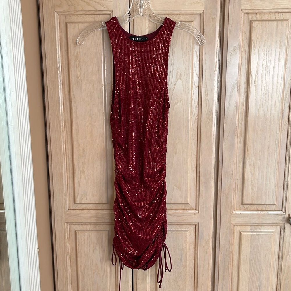 Motel sequin dress with ruched sides and ties